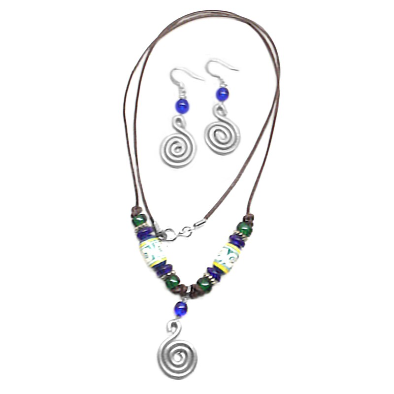 Aluminum Spiral Leather Necklace Peruvian Ceramic Green Blue White and Matching Earrings